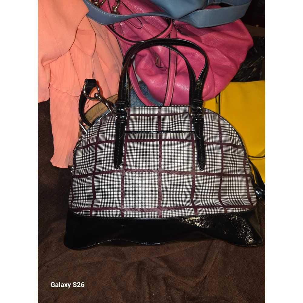 3. Coach Cora Domed Satchel Black White Plaid Patent Leather Handbag F32841